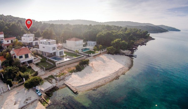Aerial view of a Croatia luxury seafront villa Trogir 2 with private pool and sauna for vacation with friends or family