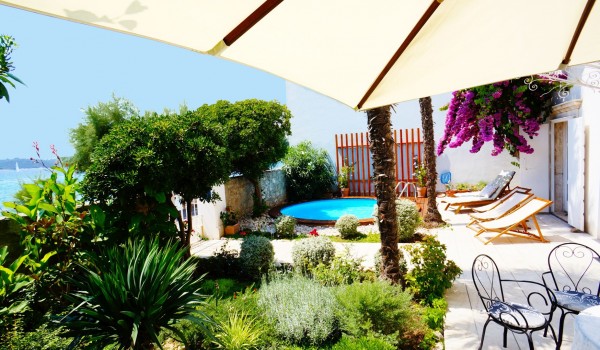 An outdoor terrace decorated with greenery and bushes, with an outdoor swimming pool and a seating area in the villa Beach House Orebic