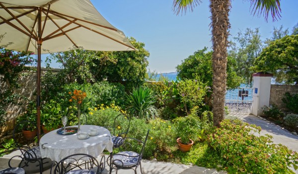 Table and chairs with umbrella on the outdoor terrace decorated with greenery and palm trees in a  Croatian luxury villa for rent in Orebic