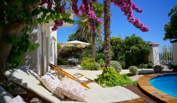 A yard decorated with greenery and palm trees and an outdoor pool with deckchairs for sunbathing in the Villa Beach House Orebic