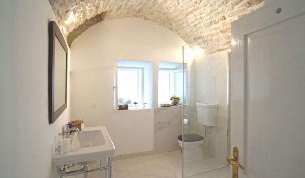 The bathroom of the seafront villa Beach House Orebic with a private pool is equipped with a shower cabin, sink and mirror