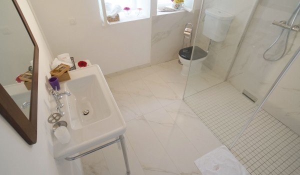 Walk in shower cabin and sink with mirror in the bathroom of the luxury rental villa Beach House Orebic on Peljesac