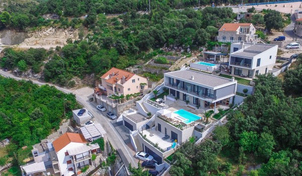 Aerial view of a luxury holiday Dubrovnik villa with private pool near the sea with total privacy