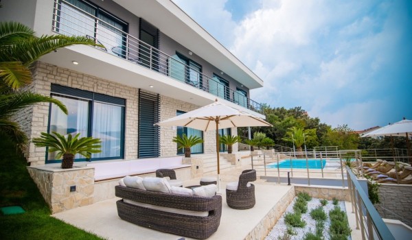 Seating area on the terrace of a luxury vacation villa with private pool and parking near Dubrovnik