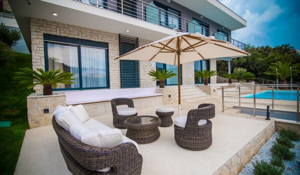 Seating area on the terrace of a luxury vacation villa with private pool and parking near Dubrovnik
