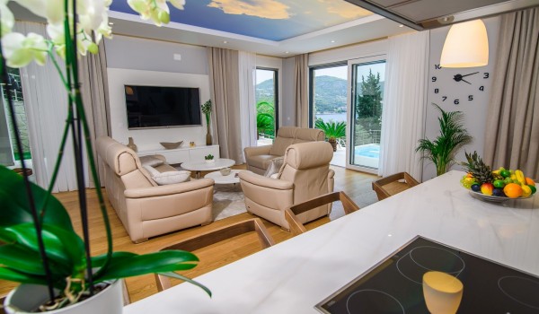 Living room with comfortable sofas  in a luxury pool Dubrovnik villa with private parking and wifi