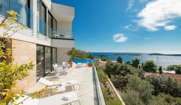 Lounge area on the terrace of the Croatia luxurious villa Hvar Fantasy with the sea view and the private heated pool in the town of Hvar