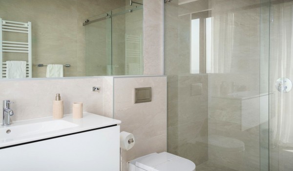 Inside of the luxury bathroom with the big shower cabin and the mirrors in the family villa Hvar Fantasy for vacation and rent