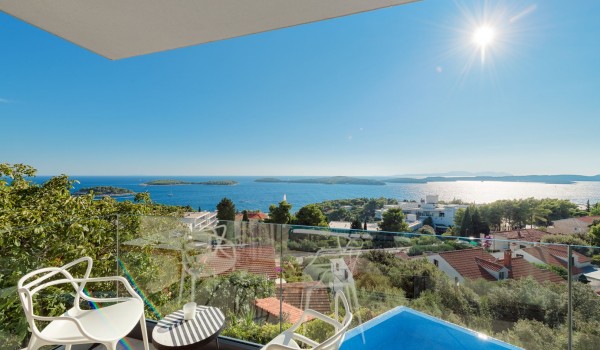 View from the balcony of the luxurious villa Hvar Fantasy with the lounge area perfect for relax and enjoy the sea view