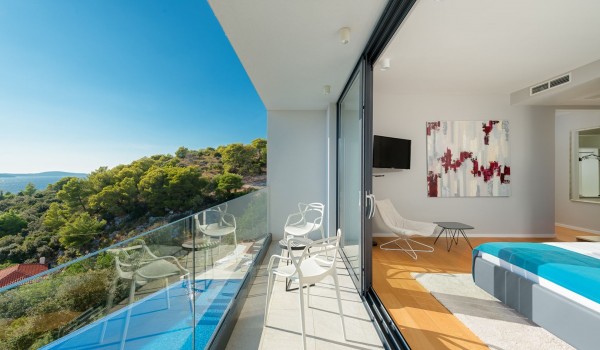 View from the balcony of the bedroom of the luxury villa Hvar Fantasy with the lounge area in Hvar overlooking the sea