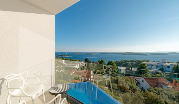 View from the balcony of the luxurious villa Hvar Fantasy with the lounge area perfect for relax and enjoy the sea view
