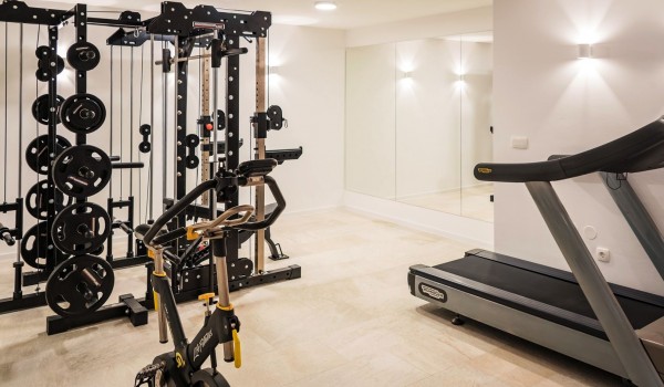 Private gym with the exercise bike and weights for training in the luxurious villa Hvar Fantasy for vacation and rent