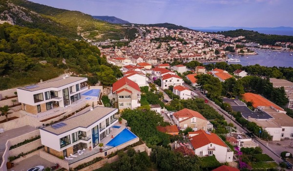 Aerial day view of the surrounding of the luxurious pet-friendly villa Hvar Fantasy for vacation and rent with family and friends