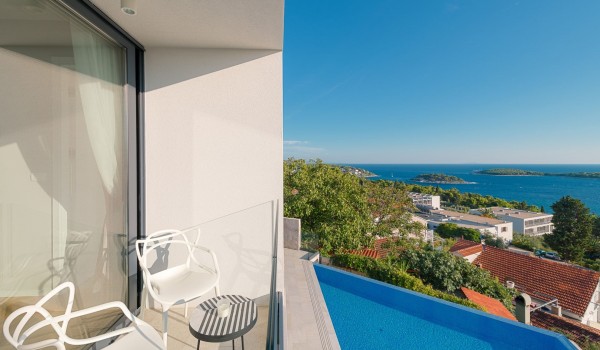 View from the balcony of the luxurious villa Hvar Fantasy with the lounge area perfect for relax and enjoy the sea view