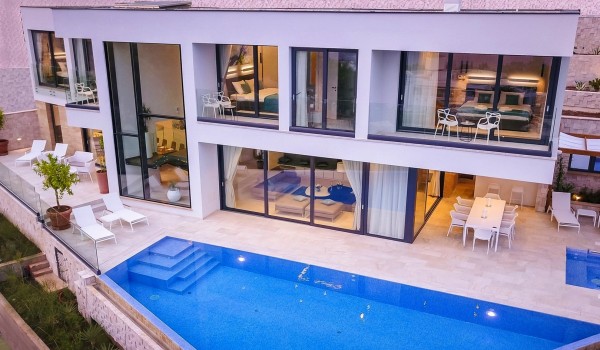 Day view of the luxury villa Hvar Fantasy with the private terrace and heated pool for vacation and rent with family and friends
