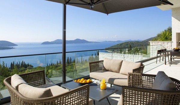 Lounge area with the sundeck on the balcony of Croatia luxury seafront villa Elena for vacation