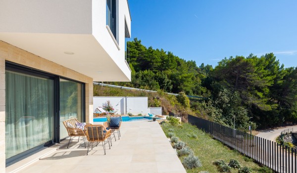 Outdoor furniture on terrace of Makarska luxury pet-friendly villa Azul with private pool and sea view.