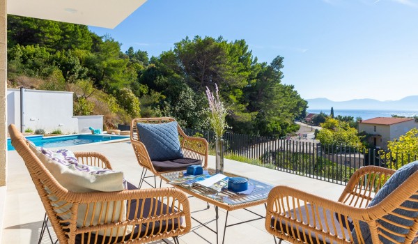 Outdoor furniture on terrace of Makarska luxury pet-friendly villa Azul with private pool and sea view.