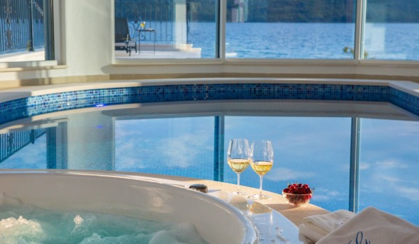 Indoor heated pool and jacuzzi of the luxury beachfront villa for family vacation in Sibenik