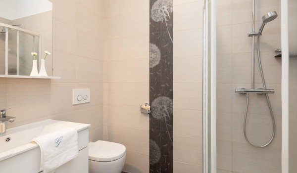 Shower and sink in the bathroom of the luxury beachfront villa with private parking and wifi