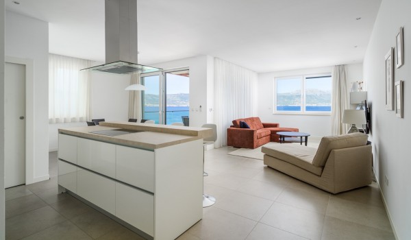 Open space living room, kitchen and dining room in a luxury villa Ciovo Joy 3  with private gym and pool