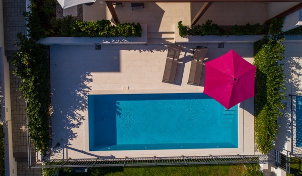 Aerial view of luxury beachfront villa Ciovo Joy 3 with private pool and gym in Ciovo with total privacy