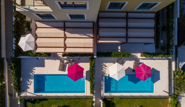 Aerial view of luxury beachfront villa Ciovo Joy 3 with private pool and gym in Ciovo with total privacy