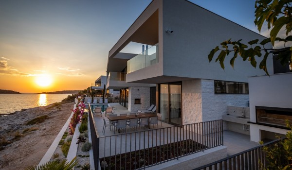 View of the luxury rental holiday villa by the sea Supreme Rogoznica 2 with private heated pool and outdoor terrace