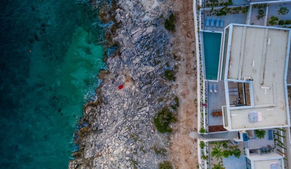 Aerial view of the property of a luxury villa by the beach Supreme Rogoznica 2 with a private heated pool and outdoor terrace Rogoznica