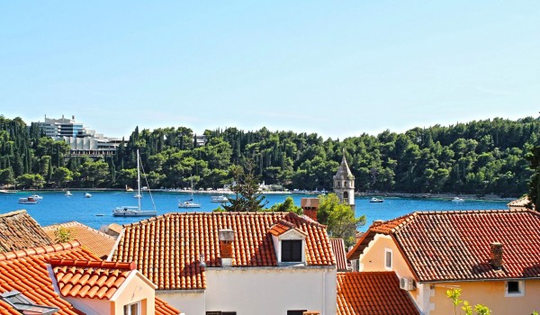 Enchanting view of the sea and charming roofs of Cavtat from the luxury villa for family vacations near Dubrovnik
