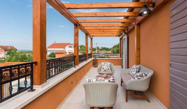 Outdoor seating area on the terrace of a luxury Croatian villa for families with kids with complete privacy