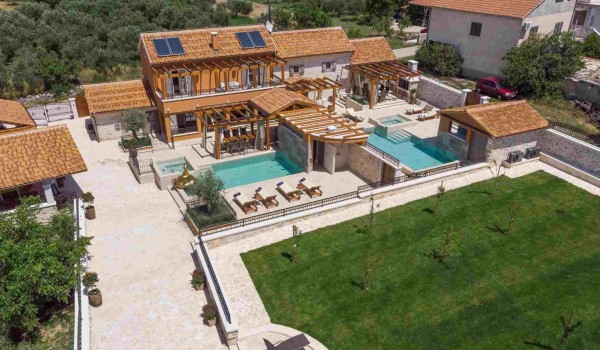 Aerial view of Croatian luxury villa Finessa Skradin 1 with private pool, jacuzzi, sauna and private garden with complete privacy