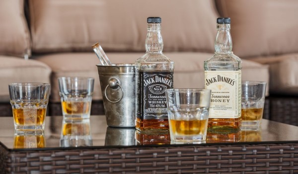Spirits on the table of the outdoor seating area in the traditional stone villa with private parking