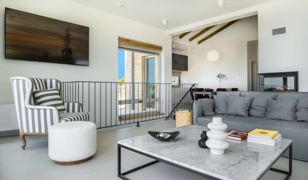 Interior of an elegantly decorated living room of a Croatian villa with a pool Summer Dream Privacy  Novalja by the sea in Pag with Internet, SMART TV and private parking