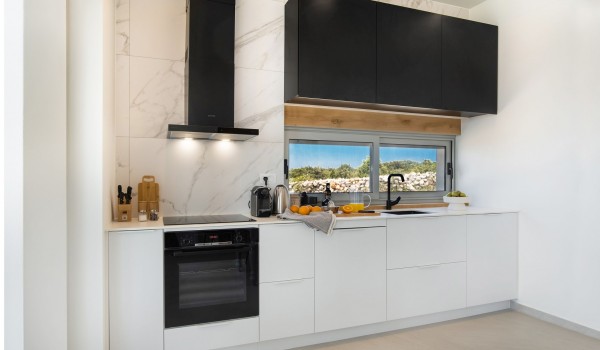 Elegant kitchen equipped with modern appliances in a luxury Croatian villa for rent with a swimming pool on the island of Pag next to the beach