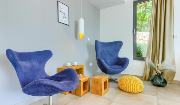 Two comfortable armchairs for relaxing in the spacious living room of the private holiday villa White Diamond