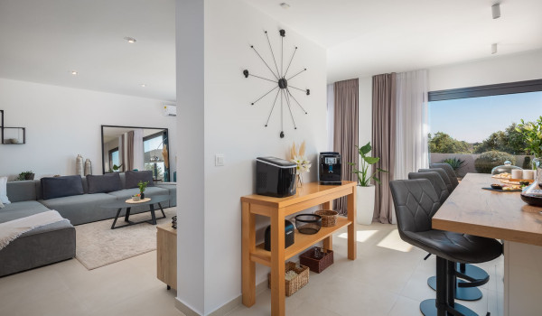View of the modernly decorated living room and kitchen with a kitchen island, coffee machine and icemaker