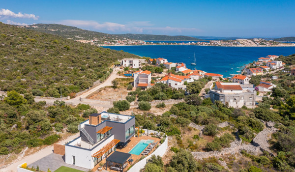 View from above of the newly built modern family home for vacation Indigo in Razanj near Rogoznica