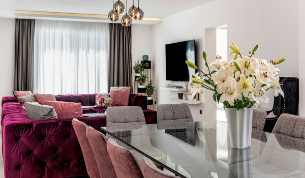 Comfortable modern couch in the airy living room next to the dining room