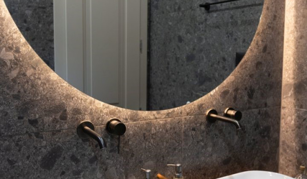His and hers sinks inside one of the en suite bathrooms with walk-in shower of the Croatian luxury villa for vacation and rental