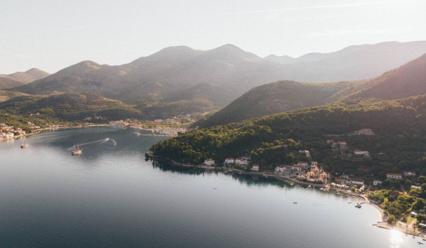 Aerial view of the quiet coastal town of Slano and the property of two luxury villas Sea Child 1 and 2