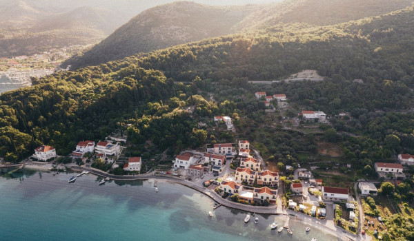 Aerial view of the quiet coastal town of Slano and the property of two luxury villas Sea Child 1 and 2