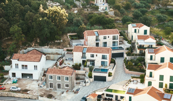 Aerial view of the quiet coastal town of Slano and the property of two luxury villas Sea Child 1 and 2