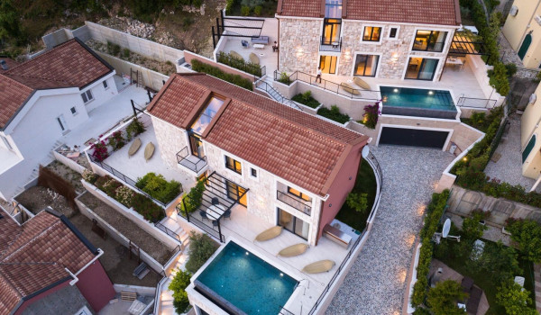 Aerial view of the quiet coastal town of Slano and the property of two luxury villas Sea Child 1 and 2