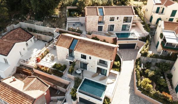 Aerial view of the quiet coastal town of Slano and the property of two luxury villas Sea Child 1 and 2