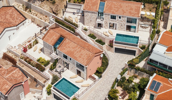 Aerial view of the quiet coastal town of Slano and the property of two luxury villas Sea Child 1 and 2
