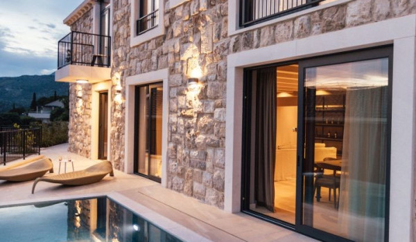 Exterior of a luxury Croatian villa for rent and vacation with a view of the sea in Slano, nearby Dubrovnik