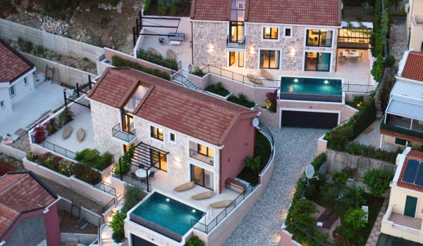 Aerial view of the quiet coastal town of Slano and the property of two luxury villas Sea Child 1 and 2
