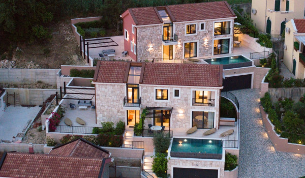Aerial view of the quiet coastal town of Slano and the property of two luxury villas Sea Child 1 and 2