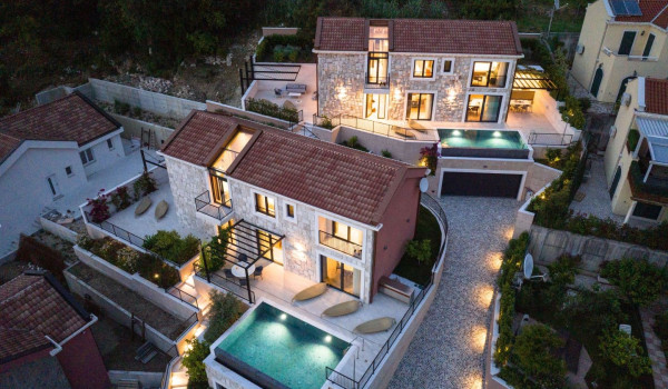 Aerial view of the quiet coastal town of Slano and the property of two luxury villas Sea Child 1 and 2